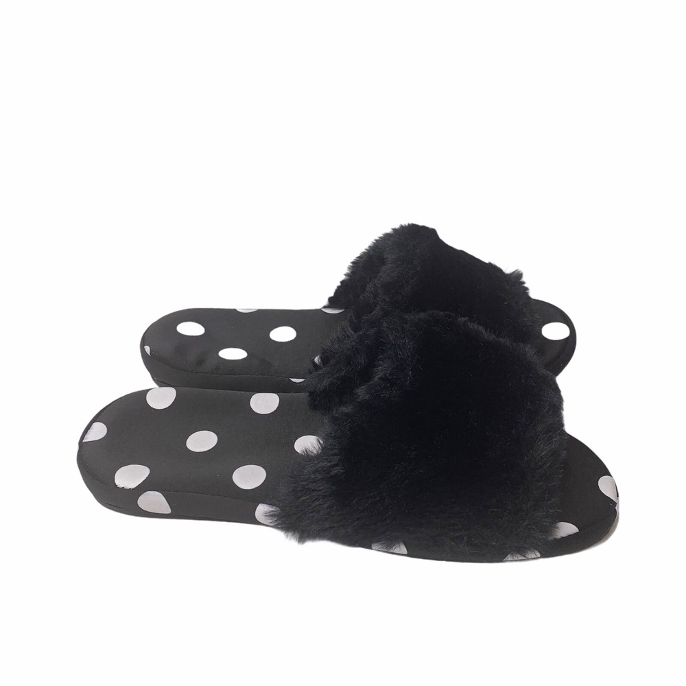 INC Black Faux Fur Slides Size Small 5-6 House Slippers White Polka Dot Cozy